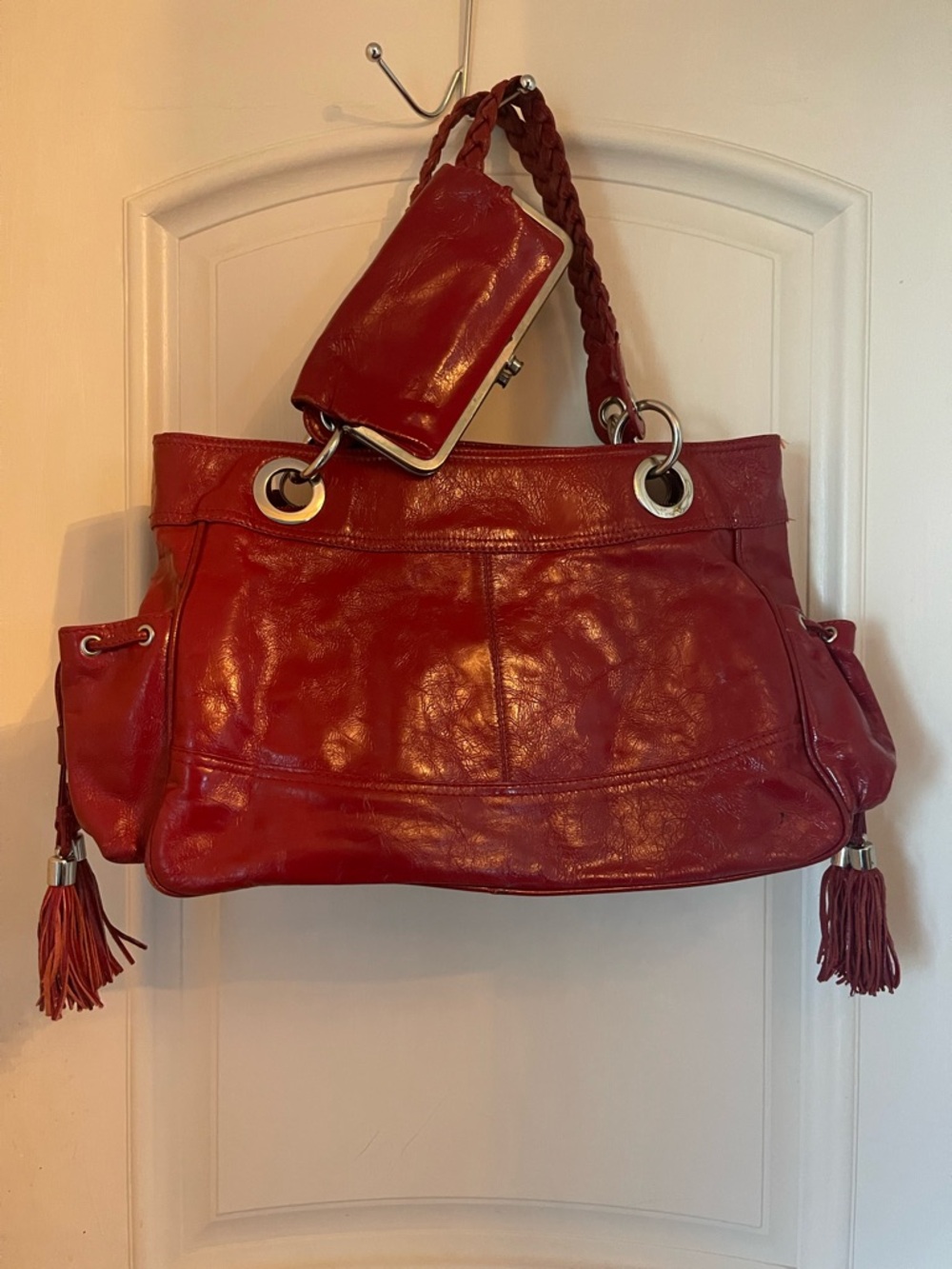 Red Leather Shoulder Bag Braided Handle and Tassel Accents with matching wallet